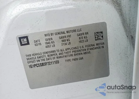 2015 Chevrolet Cruze Lt z USA, uszkodzony, nr VIN 1G1PC5SB5F7211169